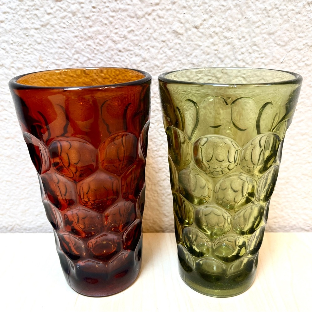 2 Vintage Glass Tumblers.Red Brown & Olive Green. Beauties!